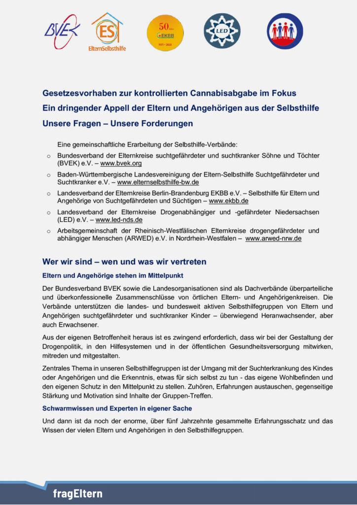 Forderungspapier unterschiedlicher Selbsthilfeverbände zum Gesetzesvorhaben zur kontrollierten Cannabisabgabe.